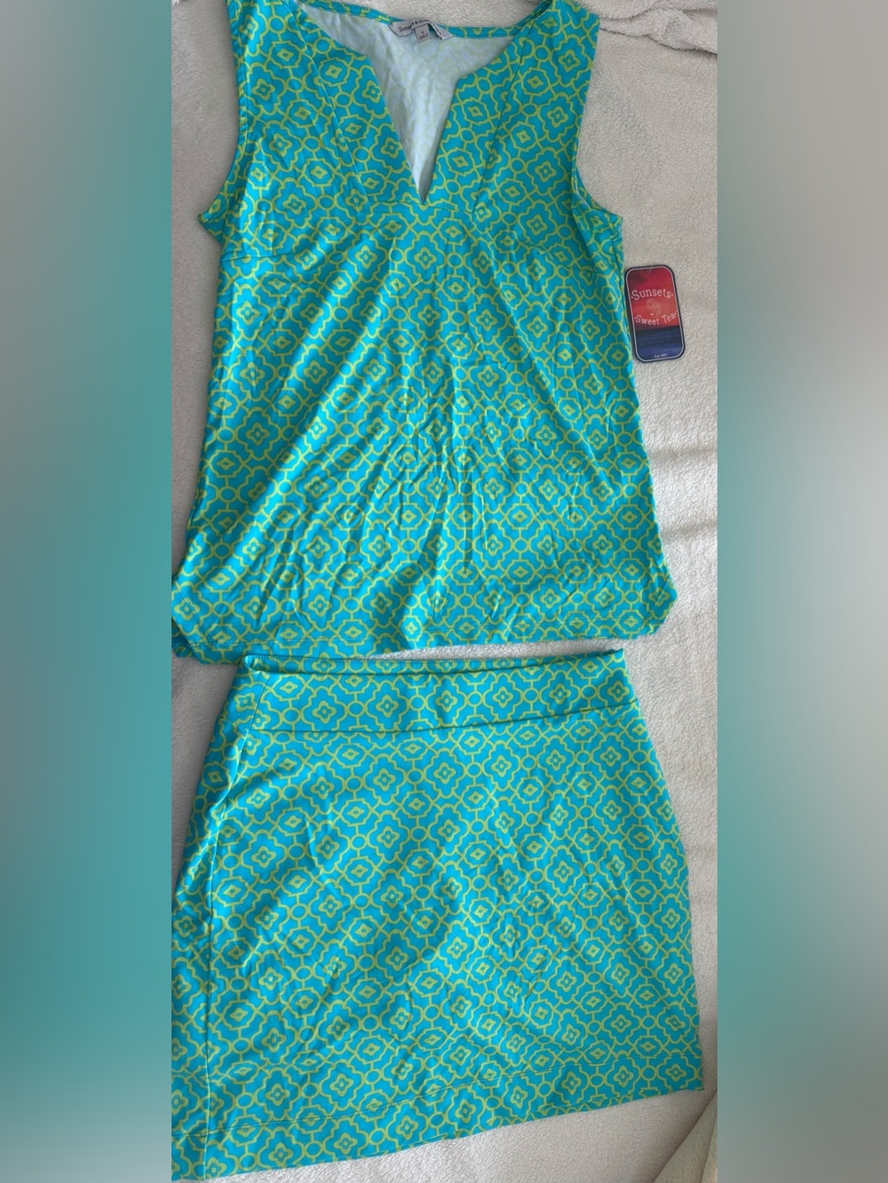 Sunsets Sweet Tea Sleeveless Geometric Print V-Neck Top  and skirt
